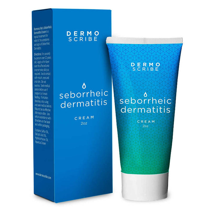 Dermoscribe Seborrheic Dermatitis Cream 2 oz tube next to outer packaging, in front of white background