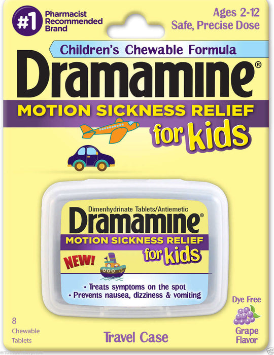 Dramamine Chewable Motion Sickness Relief for Kids, Grape, 8 Count