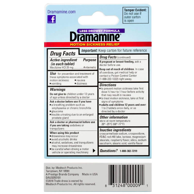 Dramamine All Day Less Drowsy Tablets Chewable Formula Usage Instructions On Reverse Of Product Packaging.