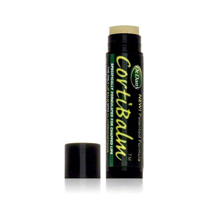 Dr Dan's Cortibalm UK product tube with lid removed, in front of white background