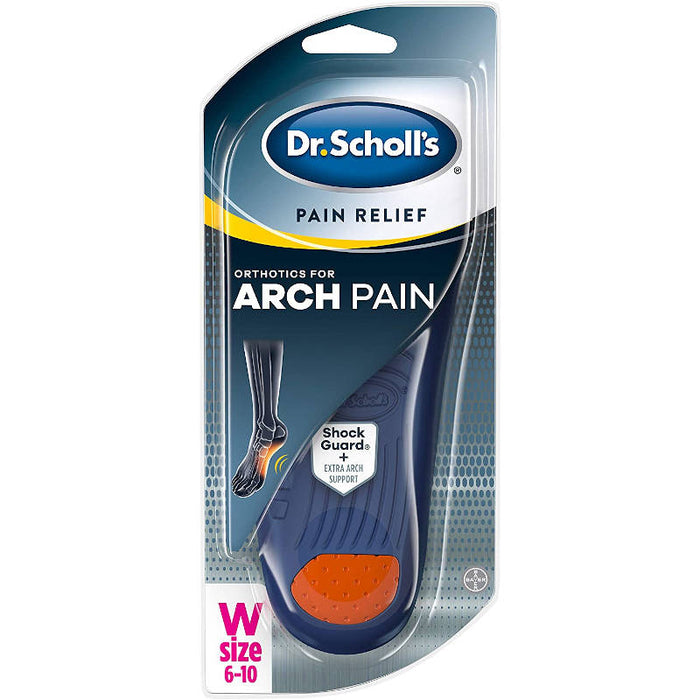 Dr. Scholl's Pain Relief Orthotics for Arch Pain Women's outer packaging in front of white backdrop