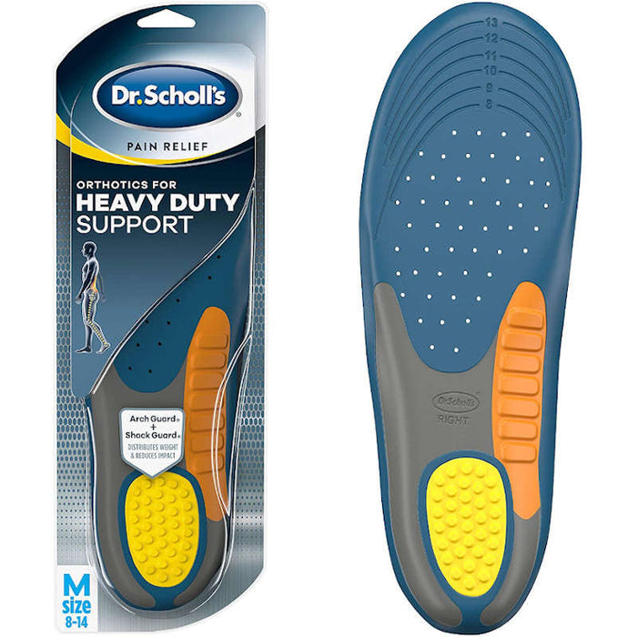 Dr. Scholl's Heavy Duty Support Orthotics Outer packaging And Insole In Front Of White Background.