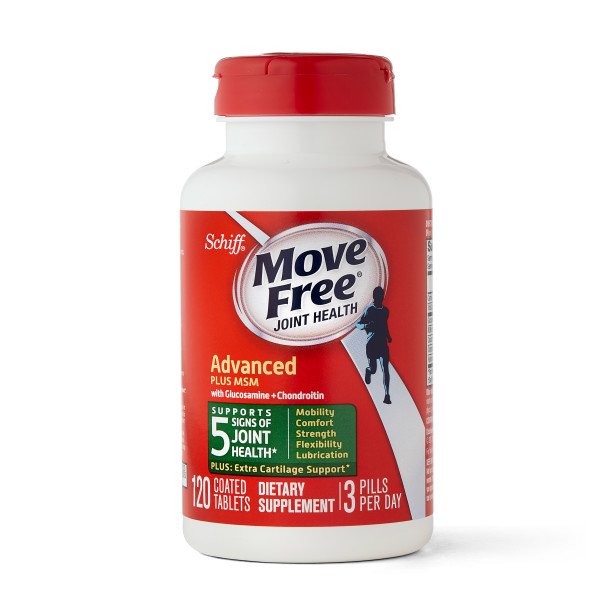 Move Free Advanced Plus MSM 120 Tablets Inner Bottle In Front Of White Background.