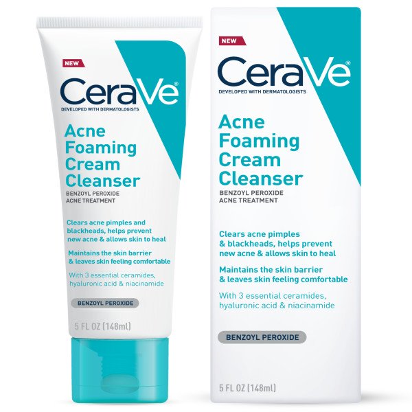 CeraVe Acne Foaming Cleanser 5 Oz Outer Packaging And Product Bottle In Front Of White Background.