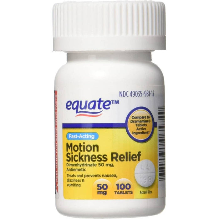 Equate Fast Acting Motion Sickness Relief Tablets 100 In Front Of White Background.