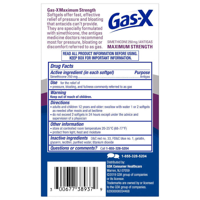 Gas-X Maximum Strength 30 SoftGels Usage Instructions On Reverse Of Product Packaging.