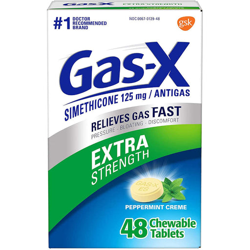 Gas-X Extra Strength Chewable Tablets Peppermint Creme 48 Outer Packaging In Front  Of White Background.