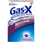 Gas-X Maximum Strength 30 SoftGels Outer Packaging In Front Of White Background.