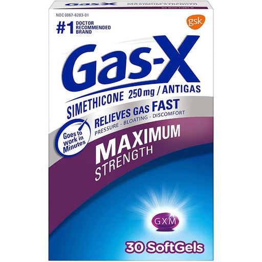 Gas-X Maximum Strength 30 SoftGels Outer Packaging In Front Of White Background.