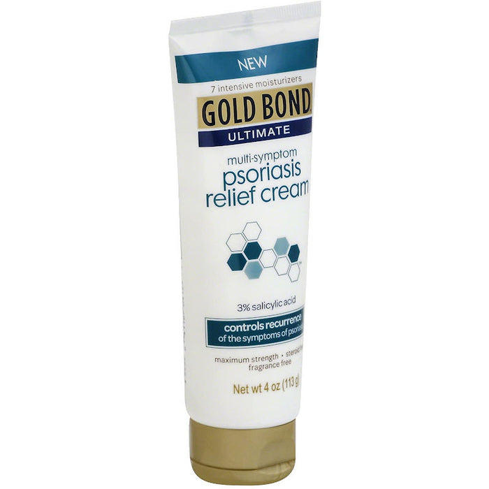 Gold Bond Ultimate Psoriasis Relief Cream, 4 oz bottle in front of white background