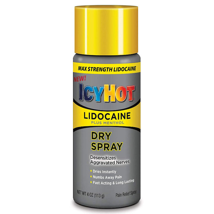Bottle of Icy Hot Lidocaine Dry Spray,4 oz in front of white background