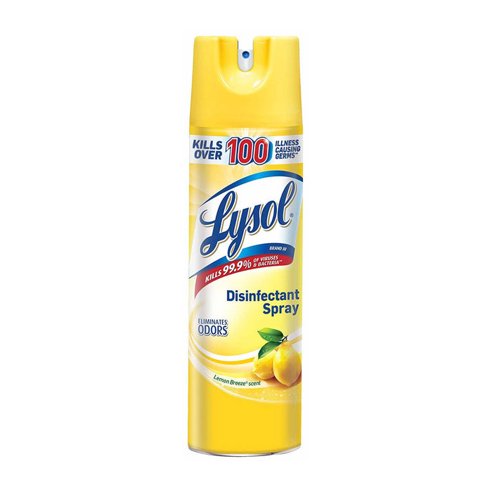 Lysol Disinfectant & Antibacterial Spray, Lemon Breeze Scent, 19 Oz bottle in front of white and grey background with the slogan "what it takes to protect