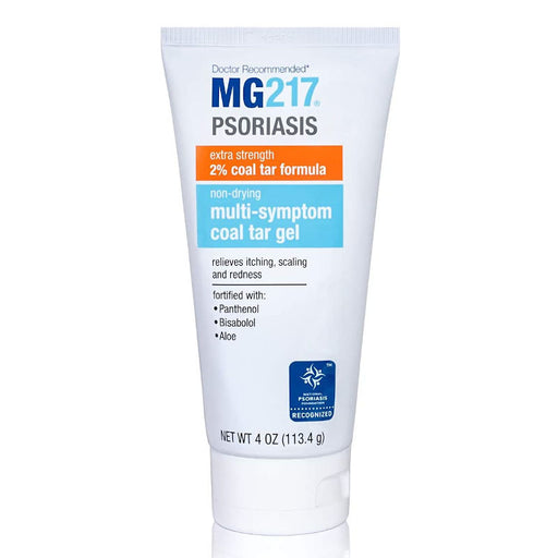 MG217 Non-Drying Multi-Symptom 2% Coal Tar Psoriasis Gel 4 oz bottle in front of white background