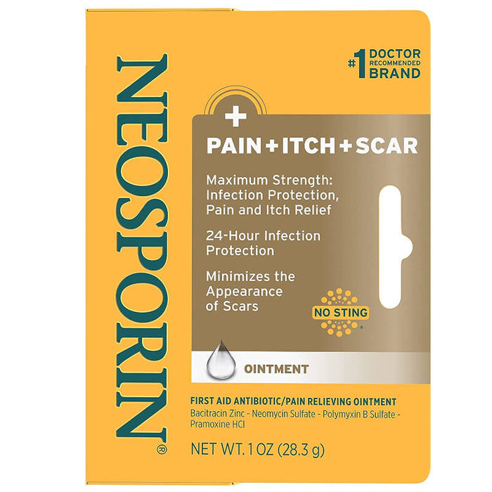 Neosporin Pain Itch Scar Antibiotic Ointment 1 Oz Box In Front Of White Background.