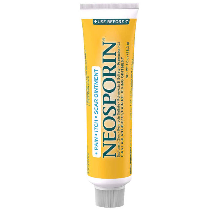 Neosporin Pain Itch Scar Antibiotic Ointment 1 Oz Tube In Front Of White Background.
