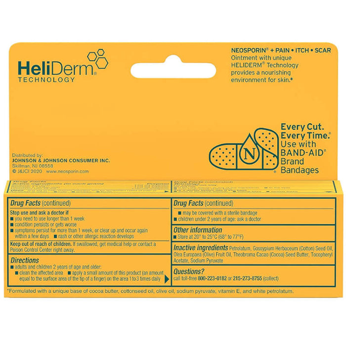 Neosporin Pain Itch Scar Antibiotic Ointment 1 Oz Usage Instructions On Reverse Of Product Packaging.