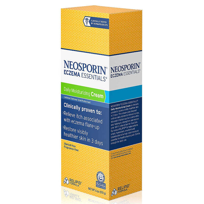 Neosporin Eczema Essentials Daily Moisturizing Cream, 6 oz side view of outer packaging box in front of white background