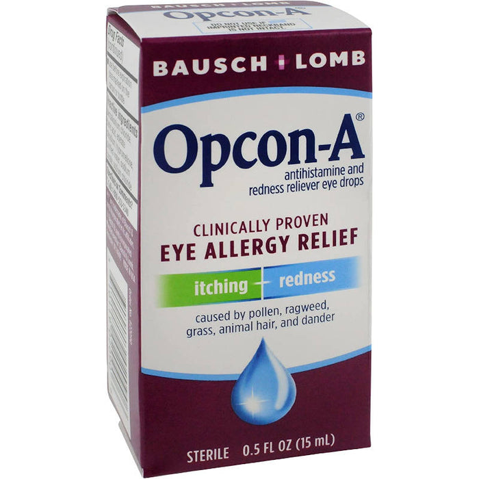 Bausch & Lomb Opcon-A Allergy, Redness Reliever Antihistamine Eye Drops, 0.5 oz front side image of product outer packaging in front of white backdrop