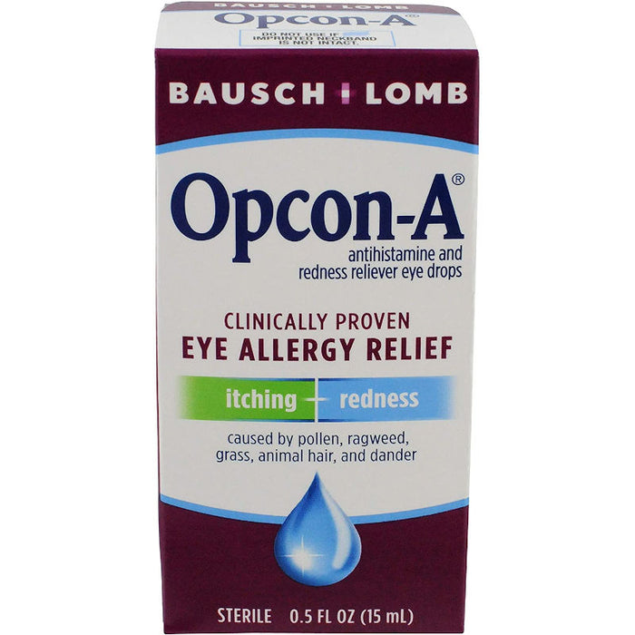 Bausch & Lomb Opcon-A Allergy, Redness Reliever Antihistamine Eye Drops, 0.5 oz UK - close up image of product outer packaging in front of white background