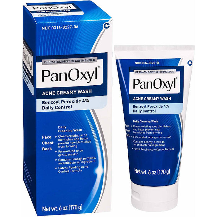 PanOxyl Acne Creamy Wash Benzoyl Peroxide 4% Daily Control, 6 oz, bottle next to product outer packaging in front of white background