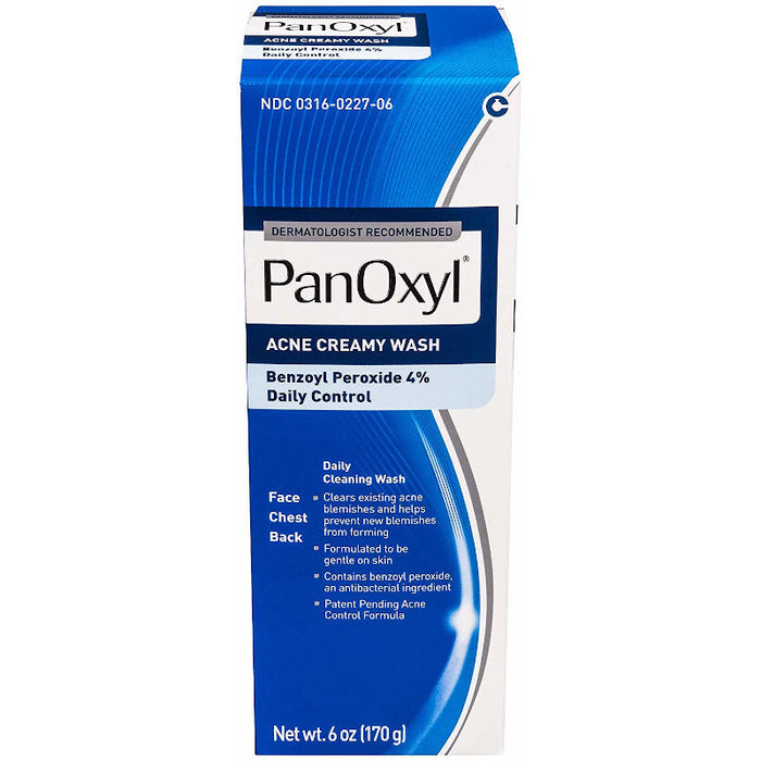 PanOxyl Acne Creamy Wash Benzoyl Peroxide 4% Daily Control, 6  oz  outer packaging in front of white background