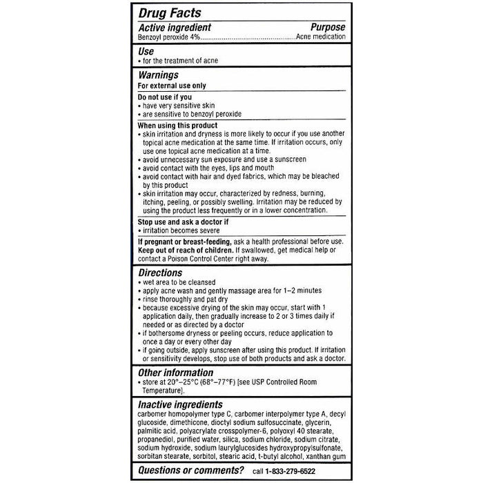 PanOxyl Acne Creamy Wash Benzoyl Peroxide 4% Daily Control, 6  oz  usage instructions on reverse of outer packaging