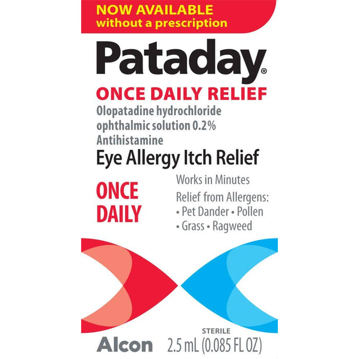 Alcon Pataday Once Daily Relief Eye Drops 2.5 ml close up of product packaging in front of white background.