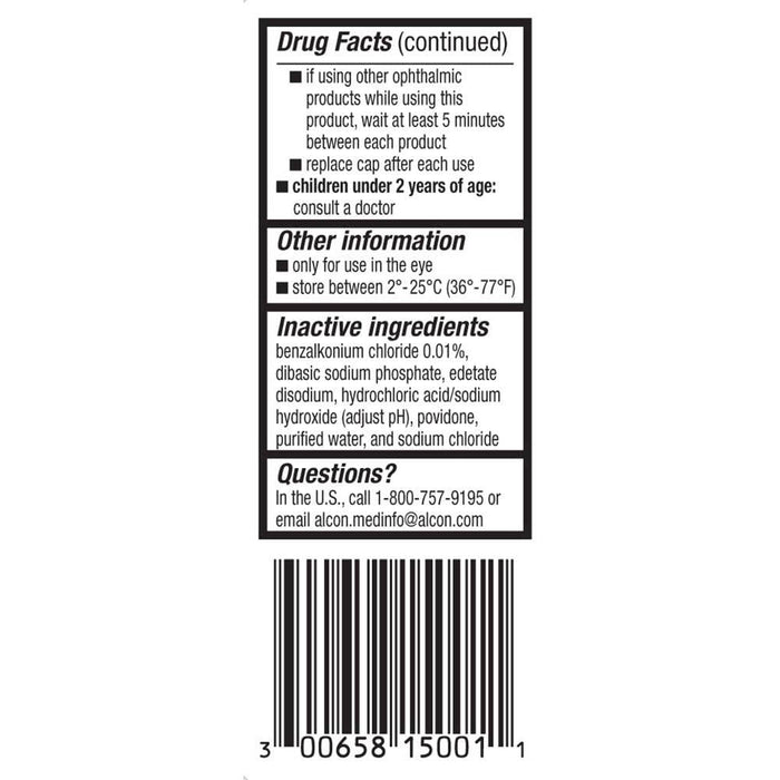 Alcon Pataday Once Daily Relief Eye Drops 2.5 ml Drug facts on side of outer box
