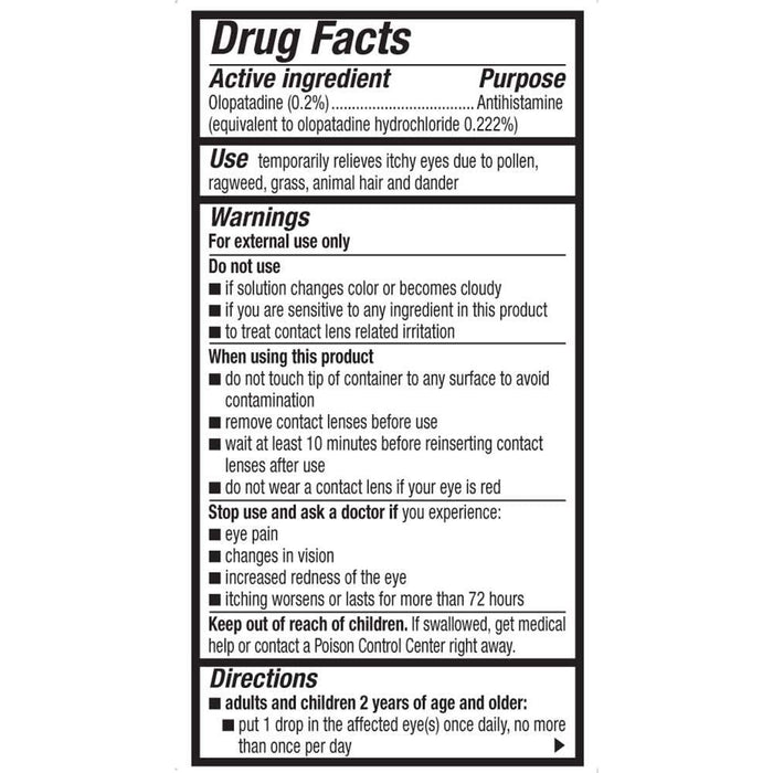 Alcon Pataday Once Daily Relief Eye Drops 2.5 ml usage instructions on reverse of product packaging.