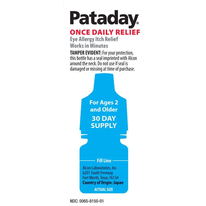 Alcon Pataday Once Daily Relief Eye Drops 2.5 ml bottle size example on side of product box
