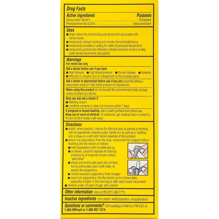 Preparation H Hemorrhoidal Suppositories 48 Usage Instructions On Reverse Of Product Packaging.