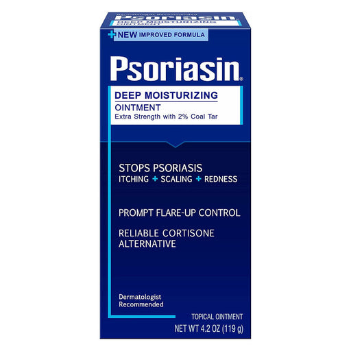 Psoriasin Deep Moisturizing Ointment - 2% Coal Tar, 4 oz outer packaging in front of a white backdrop