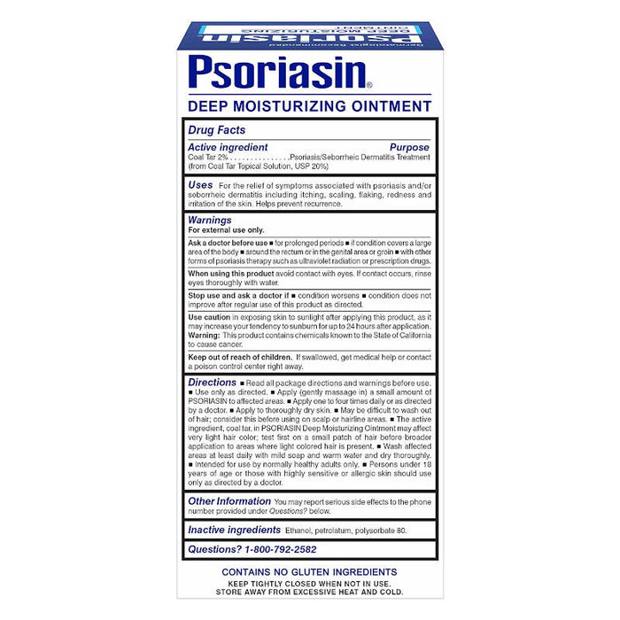 Psoriasin Deep Moisturizing Ointment - 2% Coal Tar, 4 oz Usage instructions on reverse of product outer packaging