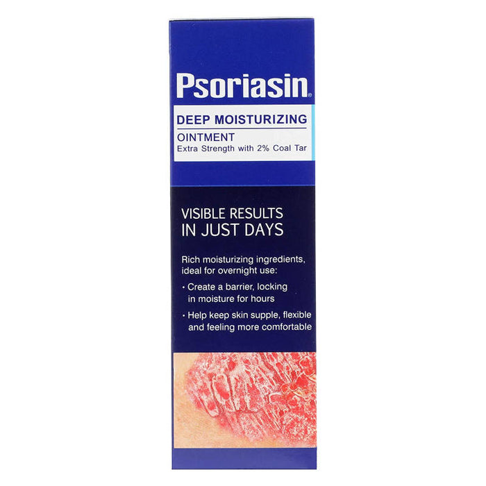 Psoriasin Deep Moisturizing Ointment - 2% Coal Tar, 4 oz  - side view of outer packaging with a view of highlingting text which states visable restults in just days