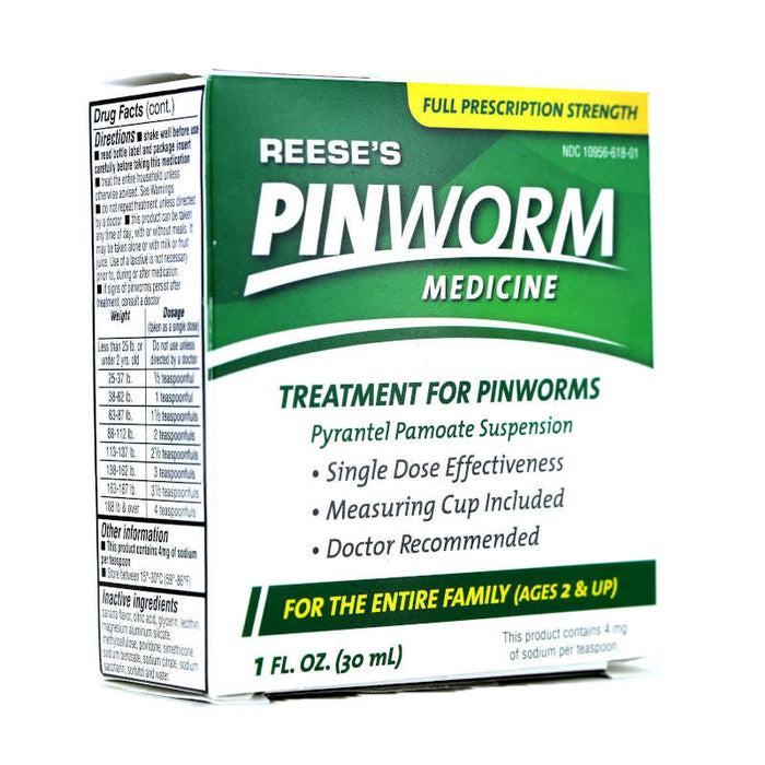 Reece's Pinworm Medicine 1 Oz in front of white backdrop.