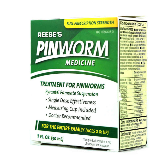 Reece's Pinworm Medicine 1 Oz Treatment For Pinworms In Front Of White Backdrop.