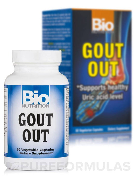 Image Of Bio Nutrition Gout Out Tablet Container with product outer packaging in background