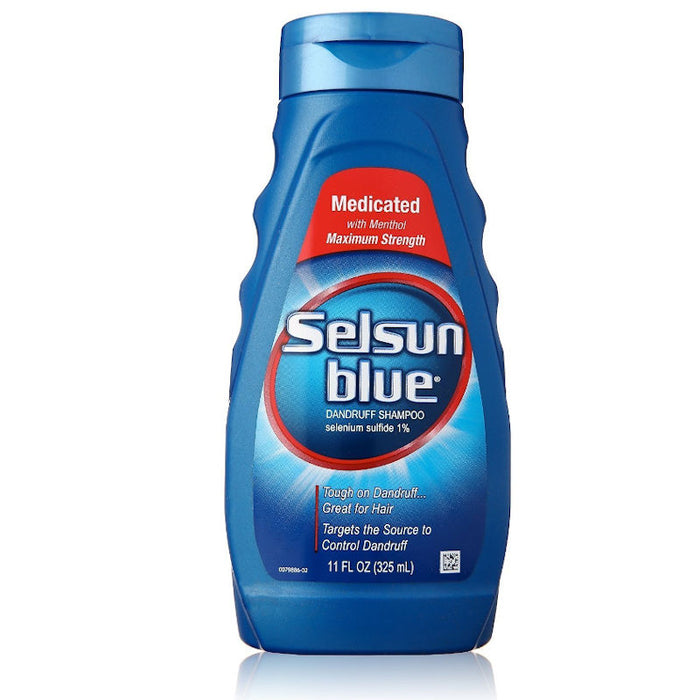 Selsun Blue Medicated Maximum Strength Dandruff Shampoo 11 oz bottle in front of white background