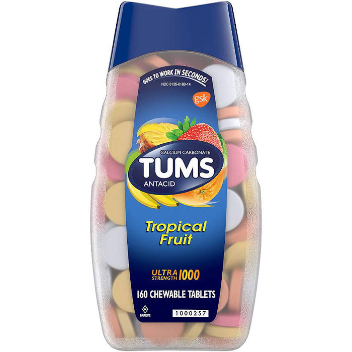 Tums Antacid Ultra Strength 1000 Chewable Tablets Tropical Fruit Flavour 160 Outer product packaging in front of white background