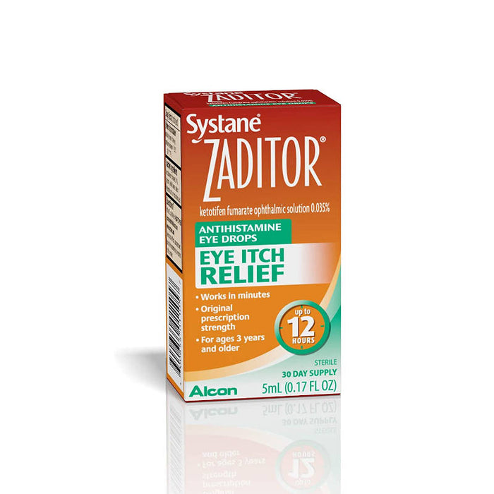 Zaditor Antihistamine Itch Relief Eye Drops, 5-ml front side view of outer packaging