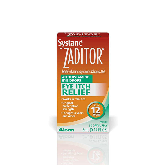 Zaditor Antihistamine Itch Relief Eye Drops, 5-ml head on view of outer packaging in front of white background