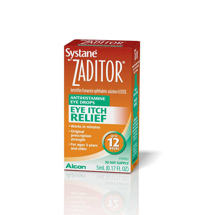 Zaditor Antihistamine Itch Relief Eye Drops, 5-ml outer packaging in front of white backdrop