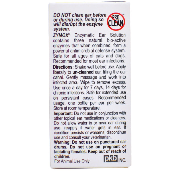 Zymox Otic Pet Ear Treatment Without Hydrocortisone 1.25 fl oz usage instructions on reverse of outer packaging
