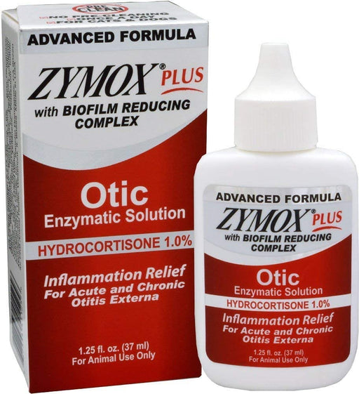 Zymox Plus Advanced Formula 1% Hydrocortisone Otic Dog & Cat Ear Solution, 1.25 oz Image of product bottle next to outer packaging