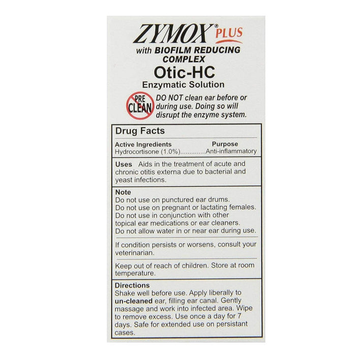 Zymox Plus Advanced Formula 1% Hydrocortisone Otic Dog & Cat Ear Solution, 1.25 oz usage instructions on rear of product packaging